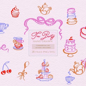 Linie Zeichnung Tee-Party Clipart, Hochzeitsmenü , Brunch-Einladung, Tee-Party Hühner, handgezeichnete Symbole, Menükarte, Hochzeitseinladung.