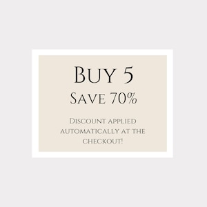 May include: A rectangular graphic with a cream-colored background and black text. The text reads "BUY 5 SAVE 70%" followed by "DISCOUNT APPLIED AUTOMATICALLY AT THE CHECKOUT!"