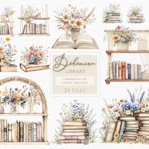 Può includere: Un set di 24 illustrazioni ad acquerello che rappresentano librerie in stile bohémien con composizioni floreali e pile di libri. Il testo "Bohemian Library" è in evidenza al centro dell'immagine.