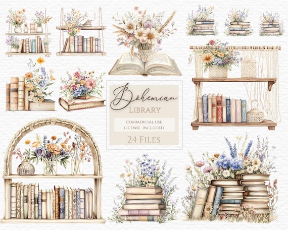 Boho bookshelf, clipart library, wildflower books, stack of books, literacy clipart, clipart, flower book clipart, floral book clipart
