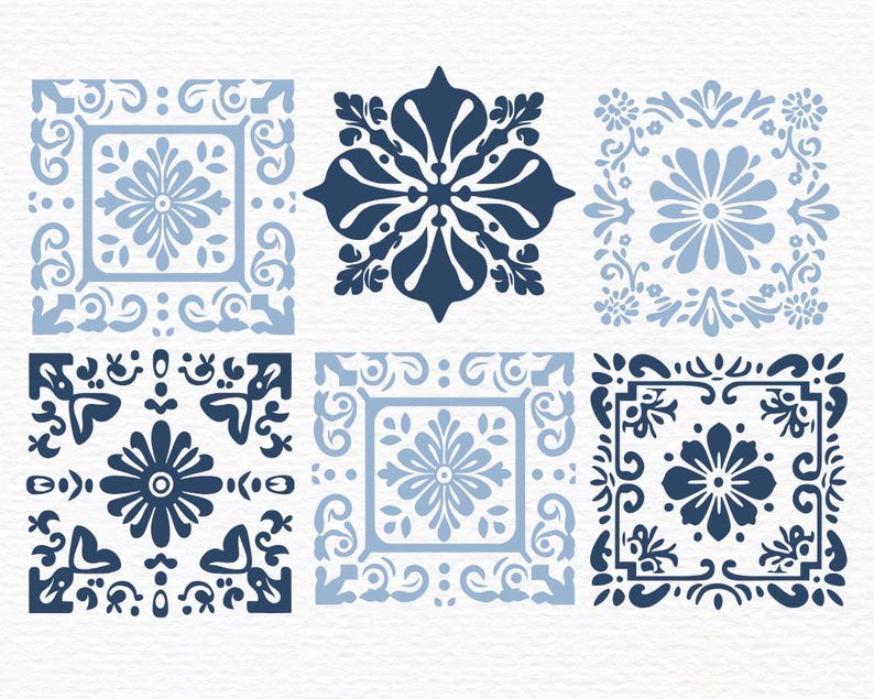 May include: Six blue and white tile designs with intricate floral patterns. The tiles are square and have a white background with blue floral designs.