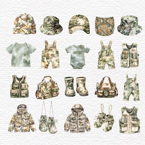 May include: A collection of watercolor illustrations featuring camouflage-patterned clothing and accessories, including hats, overalls, vests, jackets, boots, and bags in shades of green, brown, and tan, arranged in a grid on a white textured background.