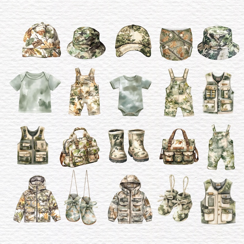 May include: A collection of watercolor illustrations featuring camouflage-patterned clothing and accessories, including hats, overalls, vests, jackets, boots, and bags in shades of green, brown, and tan, arranged in a grid on a white textured background.