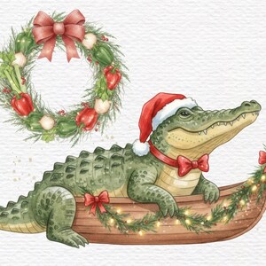 May include: Watercolor illustration of a festive alligator wearing a Santa hat and bow tie, seated in a wooden boat decorated with garland and lights. A wreath with red bows, peppers, and greenery is above.