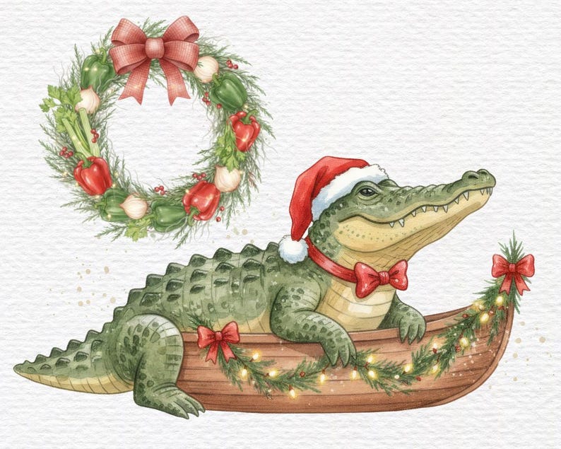 May include: Watercolor illustration of a festive alligator wearing a Santa hat and bow tie, seated in a wooden boat decorated with garland and lights. A wreath with red bows, peppers, and greenery is above.