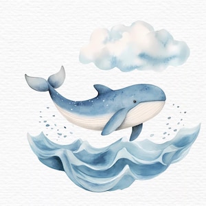 May include: A watercolour illustration of a blue whale leaping out of the water with a white cloud in the background. The whale has a white belly and a light blue tail. The water is a light blue colour and has white waves.