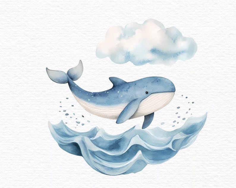 May include: A watercolour illustration of a blue whale leaping out of the water with a white cloud in the background. The whale has a white belly and a light blue tail. The water is a light blue colour and has white waves.