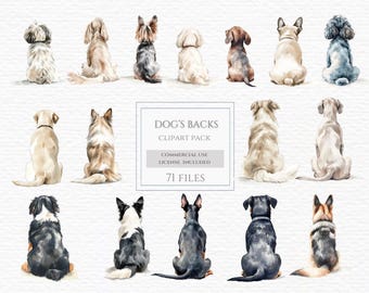 Dog clipart, from back, watercolor dogs, cross dog breed, dogs from behind, rear sitting dogs, border collie, small dog breed.