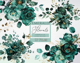Emerald green flowers clipart, Wedding Clipart, Watercolor Flowers, Bouquet Flowers, Premade Frames, Geometric Clipart, Gold Frame
