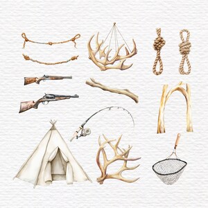 May include: A collection of watercolor illustrations featuring two ropes, a set of antlers, two knotted ropes, a shotgun, a rifle, a wooden branch, a fishing rod, a teepee tent, a second set of antlers, a wooden arch, and a fishing net.