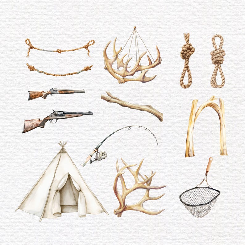 May include: A collection of watercolor illustrations featuring two ropes, a set of antlers, two knotted ropes, a shotgun, a rifle, a wooden branch, a fishing rod, a teepee tent, a second set of antlers, a wooden arch, and a fishing net.