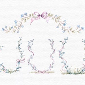 May include: Watercolor floral design elements featuring delicate blue flowers, green leaves, and pink ribbons. The image includes an arched floral arrangement and several floral borders, perfect for invitations and stationery.