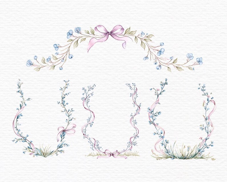 May include: Watercolor floral design elements featuring delicate blue flowers, green leaves, and pink ribbons. The image includes an arched floral arrangement and several floral borders, perfect for invitations and stationery.