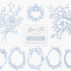 Marco azul francés clipart, toile de jouy png, monograma de boda, escudo floral svg, motivos franceses svg, elegante chinoiserie, barroco azul,