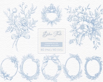 French blue frame clipart, toile de jouy png, wedding monogram, floral crest svg, french motives svg, Elegant chinoiserie, blue baroque,
