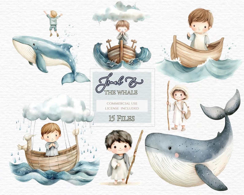 May include: Watercolour illustration of Jonah and the whale. The image includes Jonah in a boat, a whale, and a cloud with rain. The text "Jonah & The Whale" is written in a decorative font. The text "Commercial Use License Included" and "15 Files" is also included.