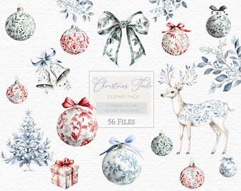 Christmas toile clipart, Christmas Clipart, Watercolor Clipart, Chinoiserie Blue, Holiday Clipart, For Digital Paper, Watercolor Christmas.