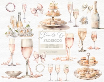 Prosecco and pearls clipart, petals and prosecco, pearls and prosecco, brunch and bubbly, champagne clipart, wedding icons PNG.