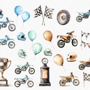 May include: Watercolor illustrations of motocross themed elements, including dirt bikes, helmets, checkered flags, balloons, a trophy, and a gas can.
