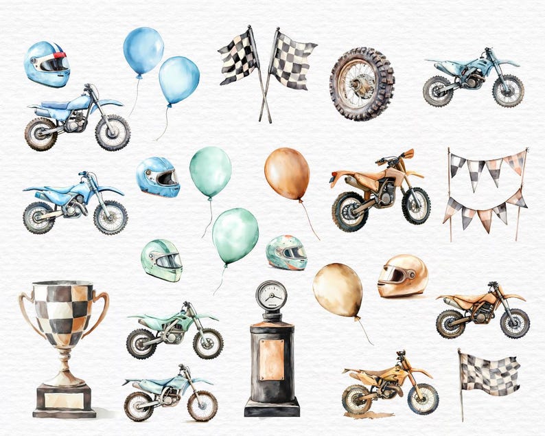 May include: Watercolor illustrations of motocross themed elements, including dirt bikes, helmets, checkered flags, balloons, a trophy, and a gas can.
