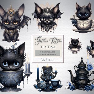 May include: Digital illustrations of gothic kittens in various poses. The images include black kittens with bat wings, in teacups, and near candles. The colour scheme features black, blue, and gold. Text reads "Gothic Kitten Tea Time".