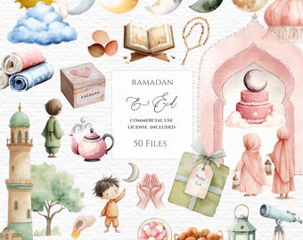 Clipart del Ramadan per bambini - Illustrazioni educative per l'Eid Mubarak, tracciatore delle fasi lunari ad acquerello, set per la costruzione di moschee, grafica della Sunnah islamica