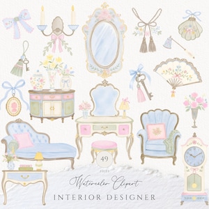 Grandmillennial Interior Designer Clipart | Rococo Coquette Furniture Watercolor PNG