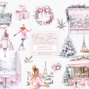 Aquarell rosa Mädchen Clipart Paris, Winter Clipart, rosa Clipart, Staubrosa Winter, Staubrosa Weihnachten, modernes Mädchen Winter.