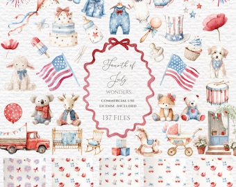 4th of July nursery watercolor clipart, Blue Jeans Denim Baby Overalls png, Boy Clothesline, blocks rattle toy baby mobile, rocking horse.