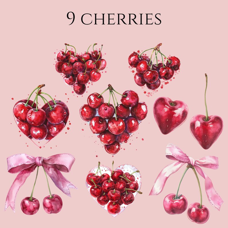 Puede incluir: Nueve ilustraciones de acuarela de cerezas, cada una representando una disposici&oacute;n diferente de la fruta. Las cerezas son rojas y tienen tallos verdes. Las ilustraciones est&aacute;n sobre un fondo rosa.
