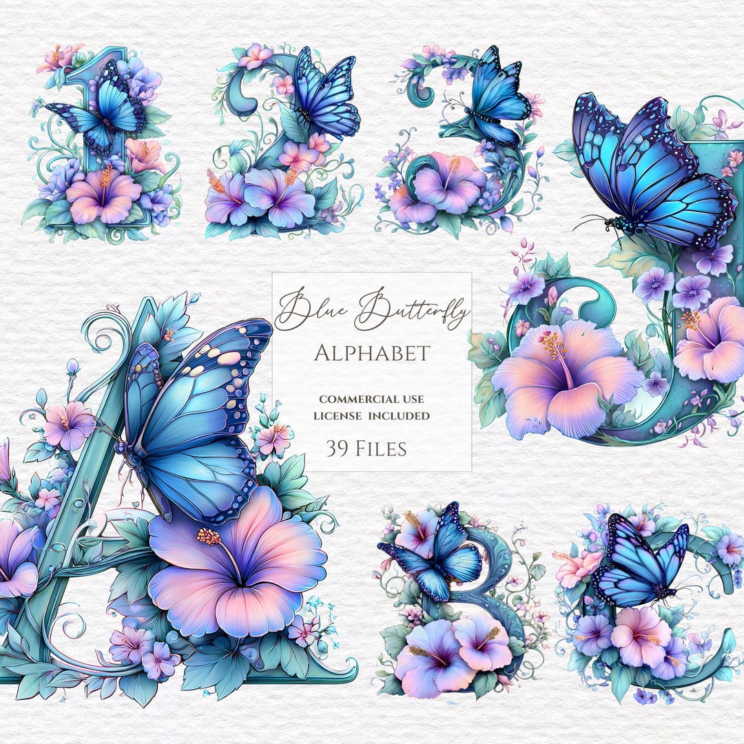 Watercolor Butterfly Alphabet Clipart, Floral Letters PNG (commercial ...