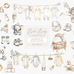 Ropa para colgar, clipart de bebé, bebé de acuarela, clipart de sonajero, bloques de bebé, decoración de guardería bohemia, género neutro, tendedero para bebé, lavado