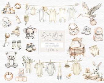 May include: A digital clipart collection featuring watercolor illustrations of baby items including onesies, a crib, a stork, a teddy bear, a rabbit, wooden blocks, rattles, bibs, and baby shoes, with text reading Boho Baby CLIPART PACK.
