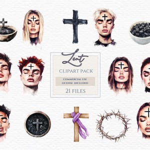 以下が含まれることがあります： 水彩画のクリップアートパックで、手書きのフォントで「レント」という言葉が書かれています。パックには、十字架、茨の冠、灰、そして額に灰を塗った人々の画像が含まれています。「COMMERCIAL USE LICENSE INCLUDED 21 FILES」というテキストも含まれています。