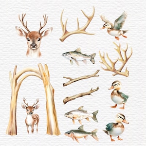 May include: A collection of watercolor illustrations featuring a deer head, a fawn standing under a wooden arch, two sets of antlers, three fish, two wooden branches, a flying duck, and two standing ducklings on a textured white background.