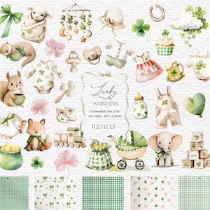 May include: Watercolor illustrations of baby-themed items with a St. Patrick's Day theme. Includes a lamb, baby clothes, a mobile, a pacifier, a fox, a squirrel, a train, a baby carriage, an elephant, and blocks. The text says "Lucky Wonders".