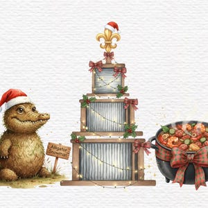 May include: Watercolor illustration featuring a festive alligator snowman wearing a Santa hat, a tiered structure with a fleur-de-lis topper, and a pot of gumbo. The alligator holds a sign that reads "Alligator Snowman". The scene is decorated with Christmas elements.