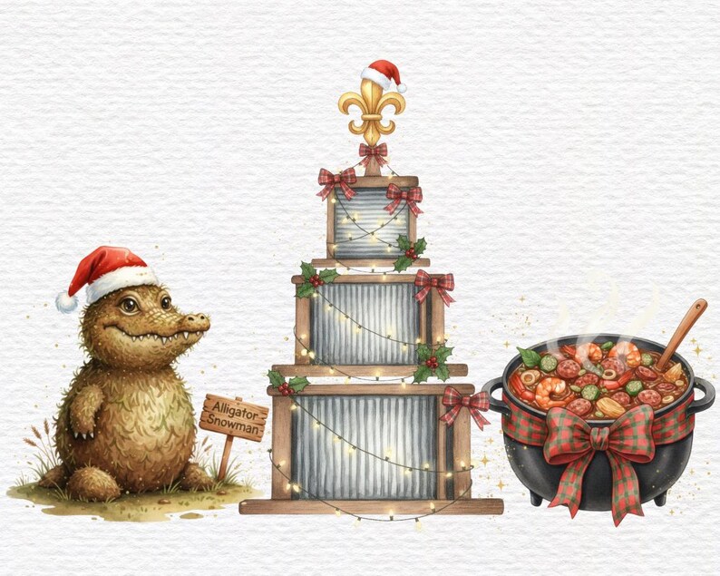 May include: Watercolor illustration featuring a festive alligator snowman wearing a Santa hat, a tiered structure with a fleur-de-lis topper, and a pot of gumbo. The alligator holds a sign that reads "Alligator Snowman". The scene is decorated with Christmas elements.