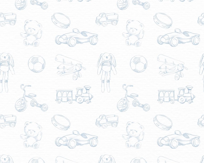 Puede incluir: Un patr&oacute;n repetitivo de ilustraciones de juguetes esbozadas en azul claro sobre un fondo blanco. El dise&ntilde;o incluye un oso de peluche, un coche de carreras, un bal&oacute;n de f&uacute;tbol, un avi&oacute;n, un tren, un triciclo, un cami&oacute;n, una pandereta y un conejito de peluche.