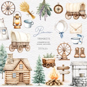 May include: Watercolor illustration of pioneer-themed trinkets. The image includes a covered wagon, cabin, campfire, compass, and other rustic elements. The text reads "Pioneer Trinkets, Commercial Use License Included, 33 Files."