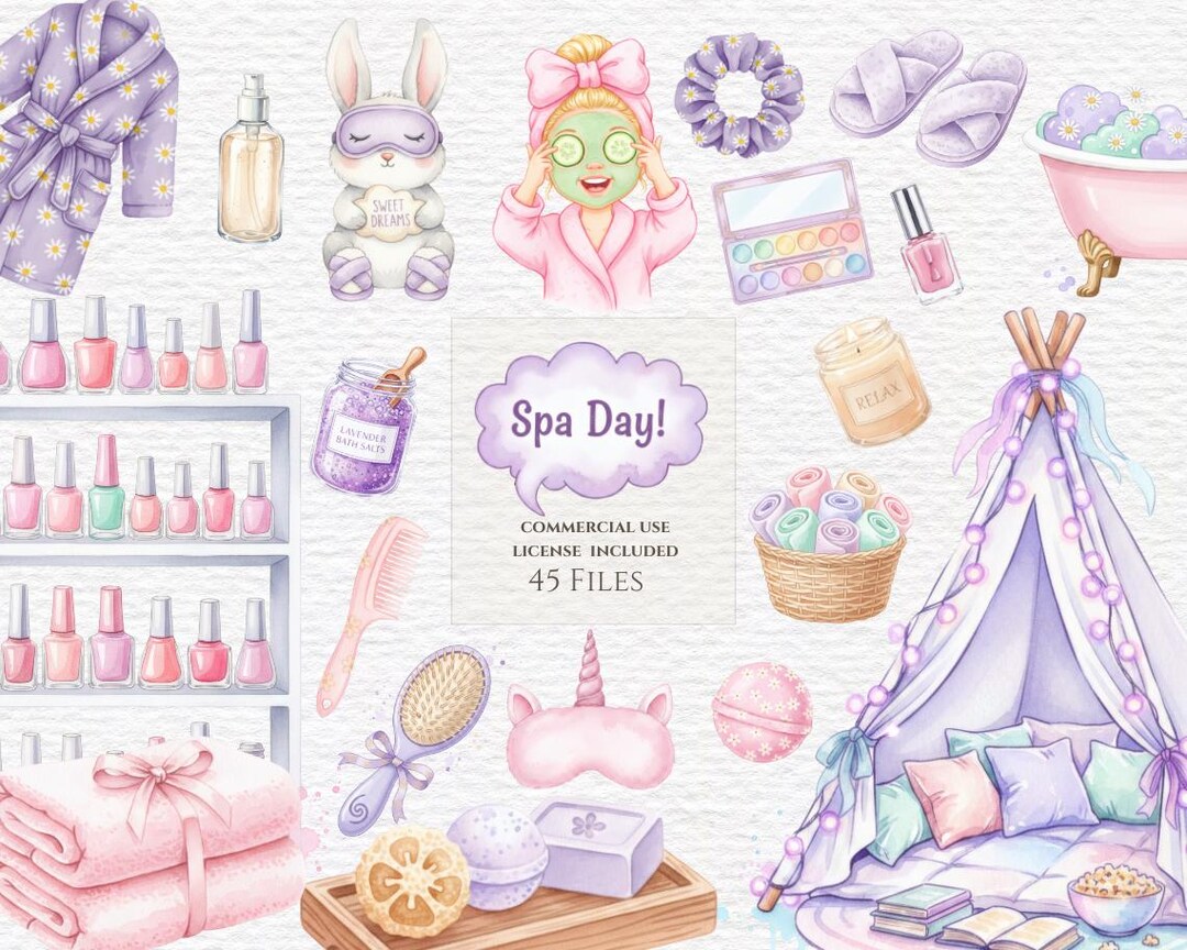 Spa Sleepover Clipart Beauty Bathroom Clipart, Watercolor Spa Self Care ...