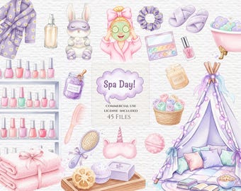 Peut inclure: Un ensemble d'illustrations numériques sur le thème du spa comprenant un peignoir à motifs de marguerites, des vernis à ongles sur des étagères, un lapin avec un masque de nuit, une personne avec un masque facial, un tipi, des serviettes et le texte Spa Day! Commercial Use License Included 45 Files.