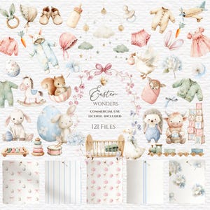 May include: A watercolour illustration collection with Easter and baby themes. It features baby clothes, toys, animals, and floral accents. The text "Easter Wonders" and "121 Files" is visible.