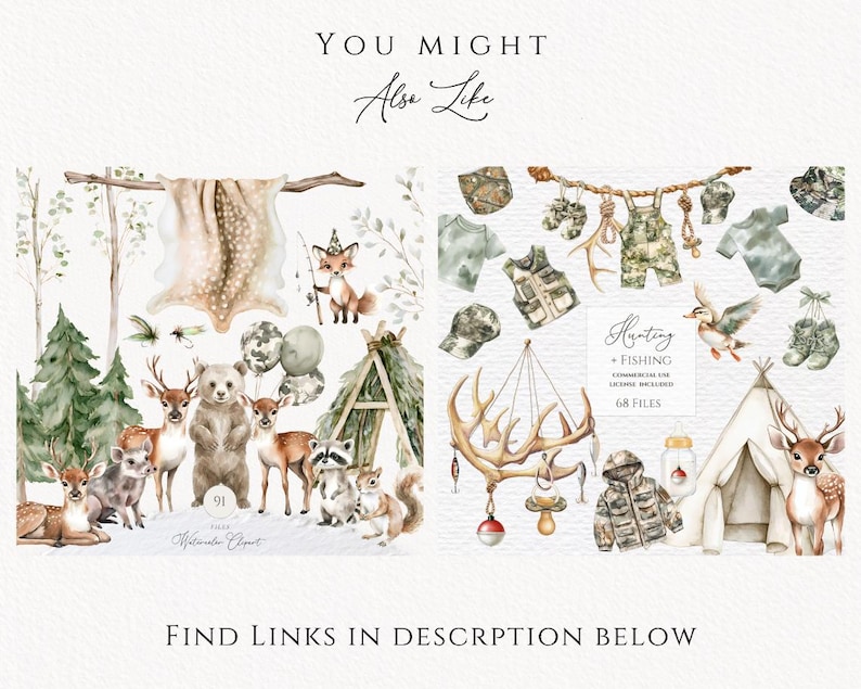 May include: A digital collection of watercolor illustrations featuring woodland animals like deer, bears, and raccoons, alongside camping gear, camouflage baby clothing, fishing equipment, and teepees, with text reading YOU MIGHT ALSO LIKE and HUNTING + FISHING.