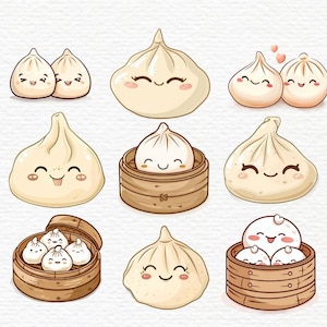 K&ouml;nnte beinhalten: Ein Set aus neun Cartoon-Kn&ouml;deln mit fr&ouml;hlichen Gesichtern. Einige Kn&ouml;del befinden sich in Bambus-Dampfbeh&auml;ltern. Die Kn&ouml;del sind wei&szlig; und haben eine hellbraune Farbe am Boden.