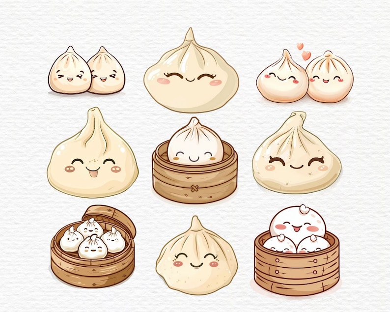 K&ouml;nnte beinhalten: Ein Set aus neun Cartoon-Kn&ouml;deln mit fr&ouml;hlichen Gesichtern. Einige Kn&ouml;del befinden sich in Bambus-Dampfbeh&auml;ltern. Die Kn&ouml;del sind wei&szlig; und haben eine hellbraune Farbe am Boden.