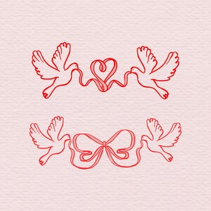 Peut inclure: Illustration au trait rouge de deux paires de colombes. La paire sup&eacute;rieure a des rubans formant un c&oelig;ur, et la paire inf&eacute;rieure a des rubans formant un n&oelig;ud. Le fond est rose clair.