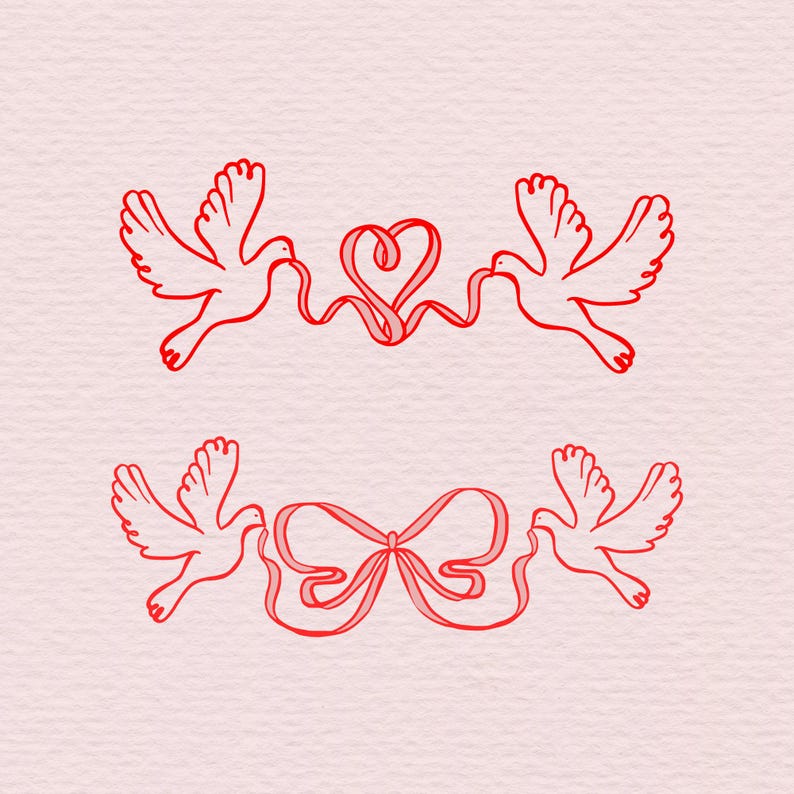 Peut inclure: Illustration au trait rouge de deux paires de colombes. La paire sup&eacute;rieure a des rubans formant un c&oelig;ur, et la paire inf&eacute;rieure a des rubans formant un n&oelig;ud. Le fond est rose clair.