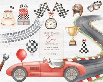 Red racecar clipart, red car birthday clipart bundle, nursery decoration, racecar invite png, little racer clipart, red racecar png.