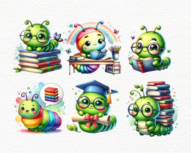 May include: Six cartoon illustrations of green caterpillars wearing glasses and reading books. Each caterpillar is wearing a different outfit and has a different expression on its face. The caterpillars are surrounded by books and other school supplies.